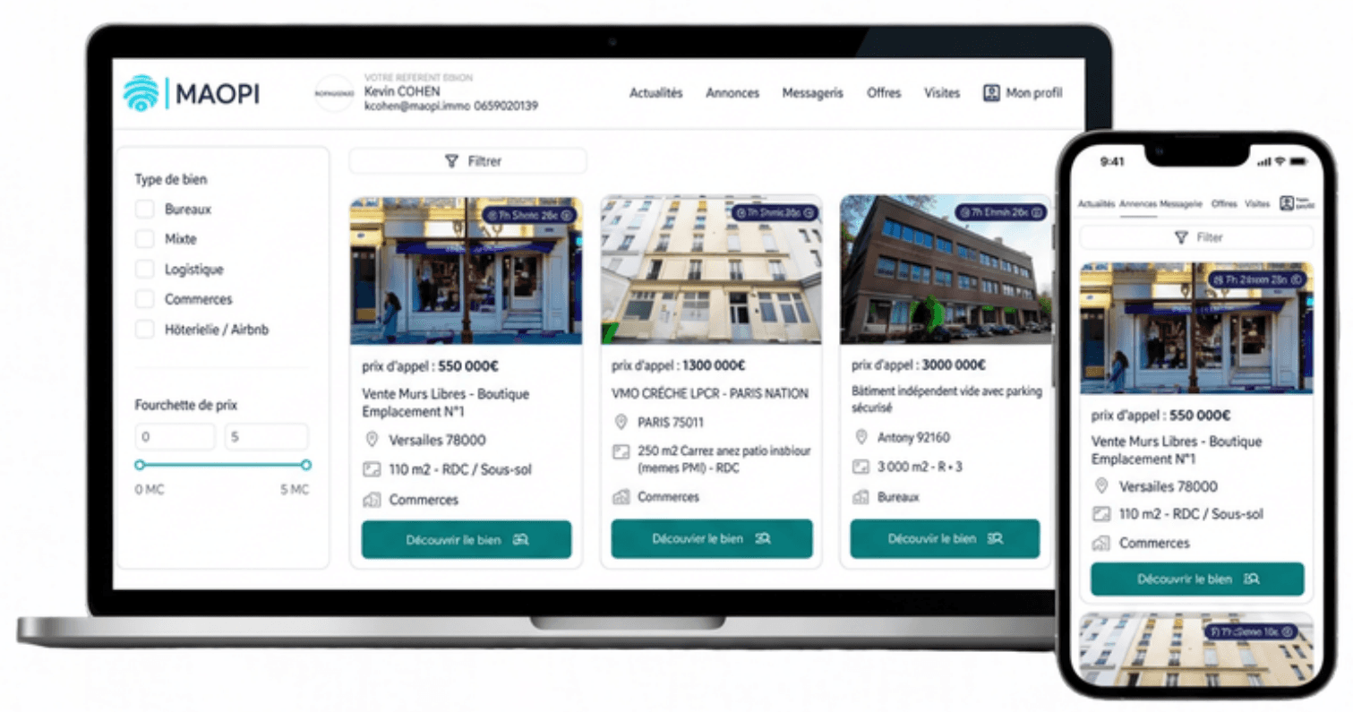La plateforme MAOPI sur ordinateur et sur mobile : liste des biens avec filtres par type et par prix